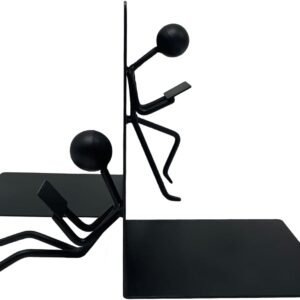Heavy Duty Metal Unique Office Desk Bookends for use as Bookshelf Decor, Home, Office or Kitchen Shelves. Unique, Cute and Decorative Book Stopper to Hold Books, Great Gift Idea (Black)