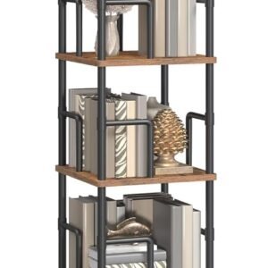5-Tier Rotating Bookshelf, Freestanding Corner Bookshelf, 360° Spinning Bookcase, Industrial Style Storage Rack with Rails, for Living Room, Bedroom, Study, Rustic Brown and Black