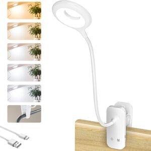 Clip on Reading Light for Bed Headboard, Rechargeable Battery Clamp on Bunk Bed Light, 5 Colors 5 Brightness Flexible Neck Desk Lamp, Eye Protect LED Touch Control Book Lights at Night for Kids