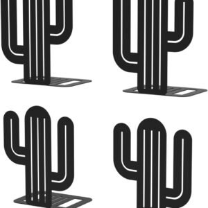 Decorative Black Cactus Bookends for Shelves, Sturdy Metal Book Ends for Heavy Books, Unique Cute Cactus Bookends (2 Pairs, Black)