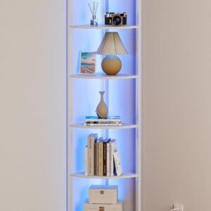 6 Tier Corner Shelf with  Light, 67.5” Tall Standing Shelf Organizer, White Narrow Bookshelf with Storage Rack for Wall Corner, Living Room, Bedroom, Metal Frame, Wood Display Shelf