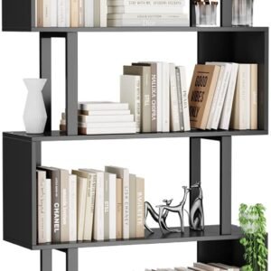 6 Tier Geometric Bookcase, Black Book Shelves, Modern Corner Bookcase Storage Shelf Wood for Bedroom, Living Room, Home Office, Black