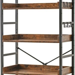 Adjustable 5 Tier Open Bookcase, Rustic Farmhouse Book Shelves, Industrial Wood and Black Metal Bookshelves, Mid Century Bookcase for Home Office Living Room Bedroom