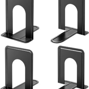 Premium Matte Painted Book Ends, Heavy Duty and Sturdy Bookends for Shelves, Office Non-Skid Metal Book End Stopper for Books/CDs/DVDs, 6 x 4.6 x 6 in, Black, 2 Pairs/4 Pieces, Large