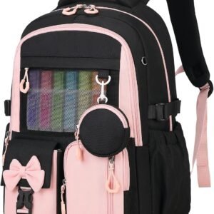 Backpack for School, Kids Backpacks for Girls, Girls Cute Bookbag for Teens, Schoolbag for Elementary Middle School Students, Girl Backpacks Ages 6-8, With Coin Purse, Travel, Camp, Black Pink