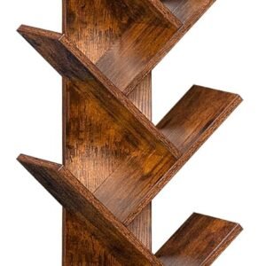 10 Tier Tree Book Shelf, Floor Standing Wood Bookshelf for Narrow Space, Storage Organizer Bookshelves for Books/s/Magazine, Bookcase with Shelves for Home Office, Living Room - Brown