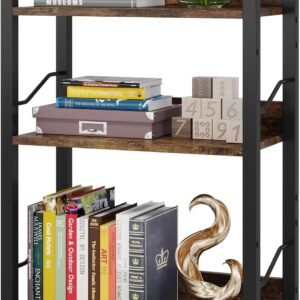Book Shelf Small Bookshelf: 3-Tier Wood Bookcase Industrial Bookshelf with Edge Protection Metal Narrow Bookcase Storage Organizer Display Rack for Bedroom Home Office (Rustic Brown)