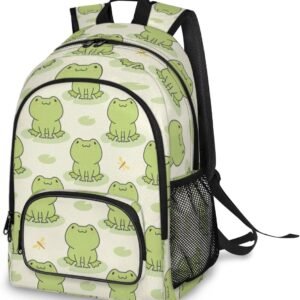 School Backpack Frogs Casual Bookbag with Multiple Pockets 18 inch Laptop Backpacks for Travel Hiking, Schoolbag for Students Girls Boys Women Men, Green Frog Animal