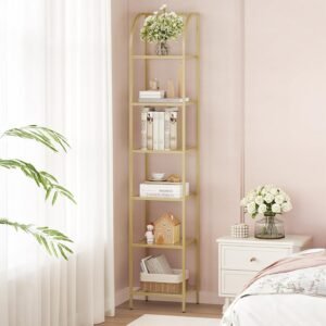 Bookcase Bookshelf, Tempered Glass Arched Bookshelf for More Storage, Slim Shelving Unit for Bedroom, Bathroom, Home Office, Steel Frame, 6 Tier Gold