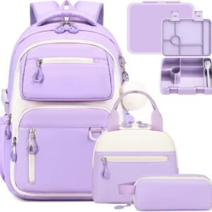 School Backpack for Girls, Bookpack with Bento Lunch Box, Insulated Bag & Utensils, 43oz Lunch Containers with 6 Compartment Schoolbag Set for Kids Elementary Middle Student (Purple)