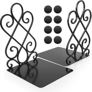 Vintage Bookends with Felt Pads 2.2LB Heavy Duty Bookend Holder Long Base, Luxury Art Book Stand Retro Antique Style,Non-Skid Felt Pads to Protect Bookshelf Bookcase-Black,1 Pair