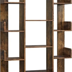 Bookshelf, Tree-Shaped Bookcase with 13 Storage Shelves, Rounded Corners, 9.8”D x 33.9”W x 55.1”H, Rustic Brown