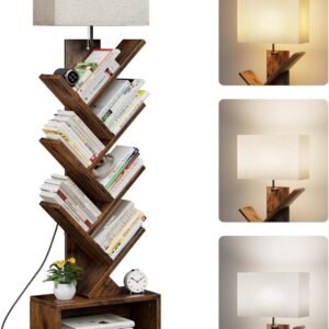 6 Tier Tree Bookshelf with Light, Narrow Bookcase Tower, Tall Floor Standing Book Organizer with Storage Cabinet for Living Room, Bedroom and Home Office, Rustic Brown