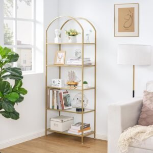5-Tier Bookshelf Arched Display Racks, Metal Bookcase, Tempered Glass Shelves, Storage Rack Shelf for Home Office, Living Room, Bedroom, Bathroom, Modern Style, Golden