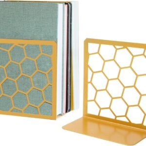 Geometric Honeycomb Gold Metal Bookends Decorative - Tall Sturdy Book Ends for Shelves - Modern Heavy Duty Bookend Stopper - Office or Home Book Shelf Book Holder - 6x3.25x6.25 Inches - 1 Pair