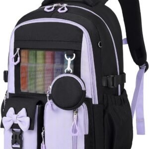 Backpack for School, Kids Backpacks for Girls, Girls Cute Bookbag for Teens, Schoolbag for Elementary Middle School Students, Girl Backpacks Ages 6-8, With Coin Purse, Travel, Camp,Black Purple