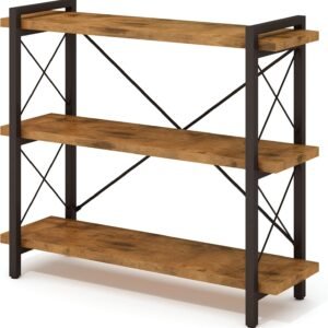 Bookshelf, 3-Tier Industrial Bookcase, Rustic Open Book Shelf, Wood and Metal Horizontal Bookshelves