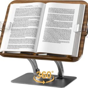 Book Stand for Reading, Adjustable Book Holder with 360° Rotating Metal Base,Foldable  Stand, Reading Hands Free with  Expandable Page Clips for Recipe,Textbook,Laptop-Black