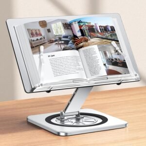 360° Rotating & Adjustable Book Stand for Reading, Book Holder with Elastic Page Clips for Thick Books,  Stand for Kitchen Counter, Recipe/Textbook/Music Scores Stand for Desk