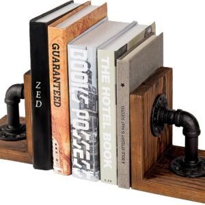 Book Ends,Bookends Decorative,Book Holders for Shelves,Rustic Wood Decorative Bookends,with Realistic Industrial Pipe Design,Unique Ideas